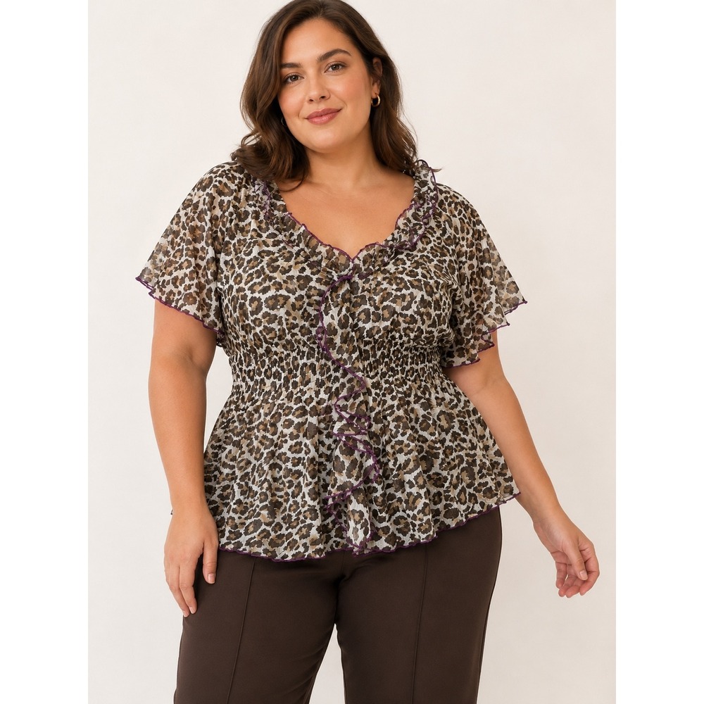 Sele Leopard Print Ruffle Peplum Top 1X Smocked Waist Purple Trim NWT Cheetah